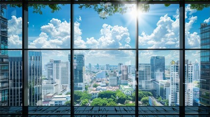 Wall Mural - Background image of clear daylight view of modern skyline through large windows Window view of cityscape wit blue sky background Sunny day photography Travel and urban architecture concept AIGT2