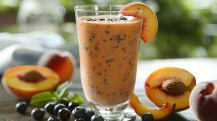 Canvas Print - Peach-blueberry smoothie poured into a tall glass picture