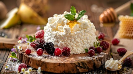 Canvas Print - Cottage cheese on a wooden board decorated picture