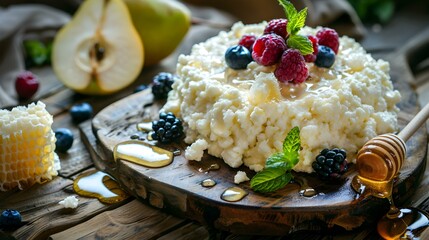 Canvas Print - Cottage cheese on a wooden board decorated img