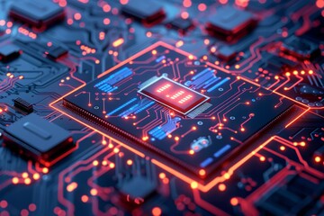 Poster - A detailed shot of a spaceage microchip on a glowing circuit board, emblematic of cuttingedge technology