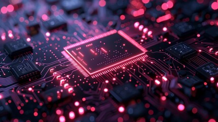Poster - Futuristic cyber technology circuit chip with neon lights and glowing connections, showcasing advanced tech.
