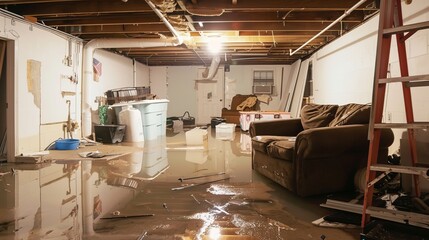 Flooded basement with standing water and damaged interior