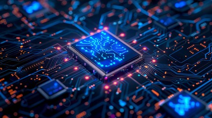 Poster - A hightech AI microchip is illuminated by neon lights within a complex digital circuit board setting