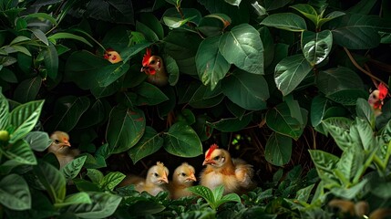 Sticker - Chickens hiding under the leaves of a large picture