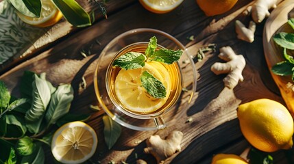 Wall Mural - Tea with ginger and lemon in a glass picture