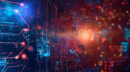 Poster - Abstract image of a futuristic technology circuit board with dynamic data flow and glowing elements.