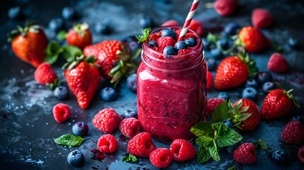 Wall Mural - Berry smoothie made from strawberries blueberries and raspberries