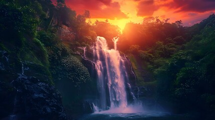 Wall Mural - A waterfall against the backdrop of sunset image