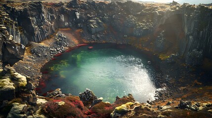 Wall Mural - Volcanic crater with emerald water surrounded by black image