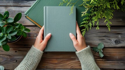 Poster - Women s hands with a book cover on office table from top view