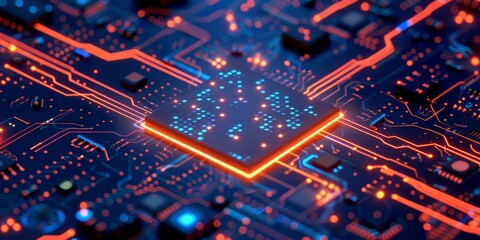 Poster - A detailed shot of a spaceage microchip on a glowing circuit board, emblematic of cuttingedge technology