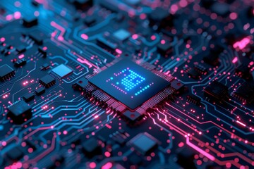 Poster - Hightech circuit board with neon lights, symbolizing innovation and advanced technology in electronics and engineering