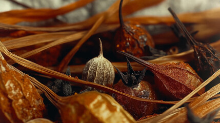 Close Up of Dried Seeds and Pods on Wooden Surface