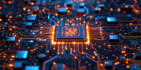 Poster - A detailed shot of a spaceage microchip on a glowing circuit board, emblematic of cuttingedge technology