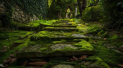 Canvas Print - A path made of natural stone with moss picture