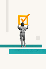 Wall Mural - vertical collage poster mature woman stand backwards success checkbox tick job task done project man