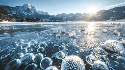 Wall Mural - Frozen bubbles in the transparent ice img