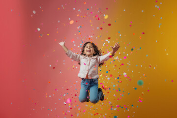 Wall Mural - cute little indian girl enjoying with falling confetti