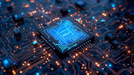 Poster - An advanced microchip is placed on a circuit board with illuminated lights symbolizing hightech electronics