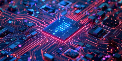 Poster - Futuristic cyber technology circuit chip with neon lights and glowing connections, showcasing advanced tech.