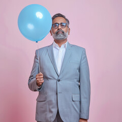 senior indian businessman holding balloon on isolated background