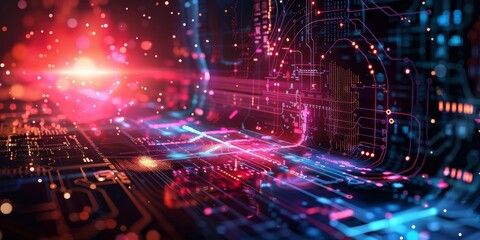 Poster - A high-tech digital circuit board with neon lights and data streams, representing cutting-edge technology.