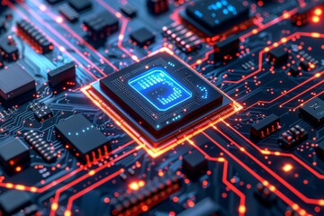 Poster - A detailed shot of a spaceage microchip on a glowing circuit board, emblematic of cuttingedge technology