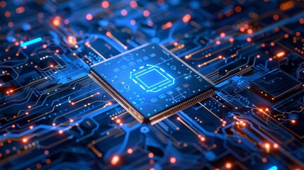 Poster - An advanced microchip is placed on a circuit board with illuminated lights symbolizing hightech electronics