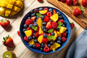 A close-up shot of a colorful and appetizing fruit salad with a variety of fresh ingredients , healthy, delicious. Beautiful simple AI generated image in 4K, unique.