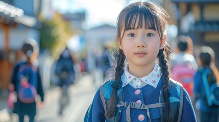 Wall Mural - Closeup of a smiling girl with pigtails on her way to elementary school