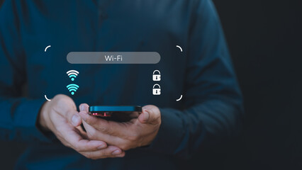Poster - While using a smartphone, a man faces difficulties connecting to Wi-Fi, encountering either connection issues or incorrect password, leading to a delay in loading digital data from websites.
