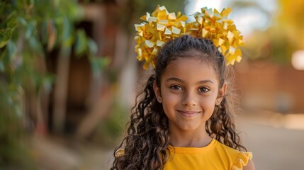 Wall Mural - A young girl with curly hair and a yellow bow in her hair