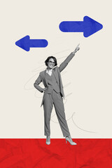 Aufkleber - Creative trend collage of funny cute female businesswoman arrows point manager worker unusual fantasy billboard comics