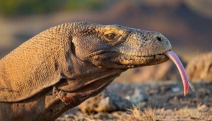 Wall Mural -  A close-up of a Komodo dragon's forked tongue flicking out, with its rough, scaly skin 