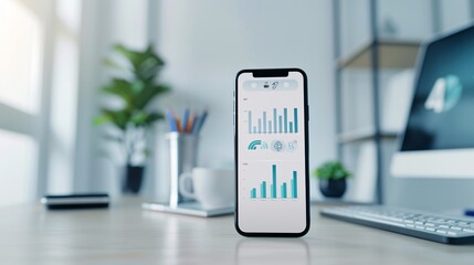 Poster - Professional office setup with smartphone displaying innovative social media analytics against a soft background