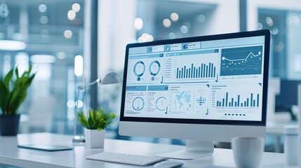 Poster - Business office with high-tech analytics dashboard, showing brand awareness strategies