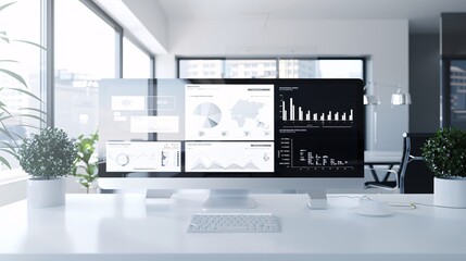 Poster - business office with high-tech analytics dashboard, showing brand awareness strategies
