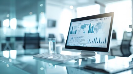 Poster - a business office setting with an analytics dashboard on a screen, showing brand awareness