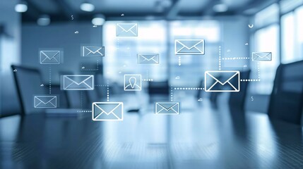Poster - A business conference room with email marketing visuals, highlighting increased reach