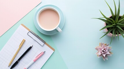 Poster - a soothing workspace with pastel seo graphs, emphasizing content creation