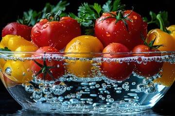 Red and yellow tomatoes in a glass bowl submerged in water with bubbles