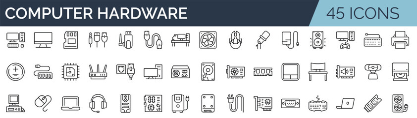 Wall Mural - set of 45 outline icons related to pc, laptop, computer hardware component . linear icon collection.