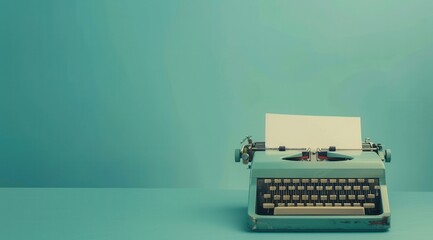 Wall Mural - A vintage typewriter sits on a blue background. The typewriter is old and has a white piece of paper on it. Concept of nostalgia and simplicity