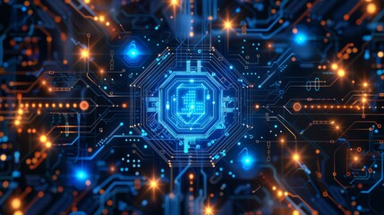 Poster - High-tech digital circuit board with glowing blue and orange lights, representing modern technology.