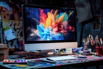 A computer monitor is on a desk with a lot of paint and brushes. The monitor is displaying a colorful explosion, which gives the impression of a creative and artistic atmosphere