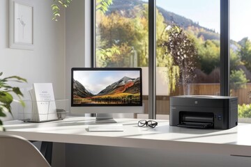 A computer desk with a printer and a monitor. The monitor has a picture of mountains on it