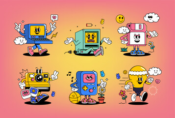 Funny cartoon characters on various topics. Can be used as Sticker, posters, prints. The comic elements in trendy retro cartoon style. Vector illustration