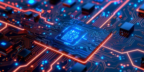 Poster - A detailed view of an illuminated circuit board showcasing a central microchip with glowing connections.