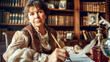 © SERHII - Elderly woman writing her last will at wooden desk in vintage library filled with old books and decorations. Historical research, literature, nostalgia, scholarly study, history, writing.